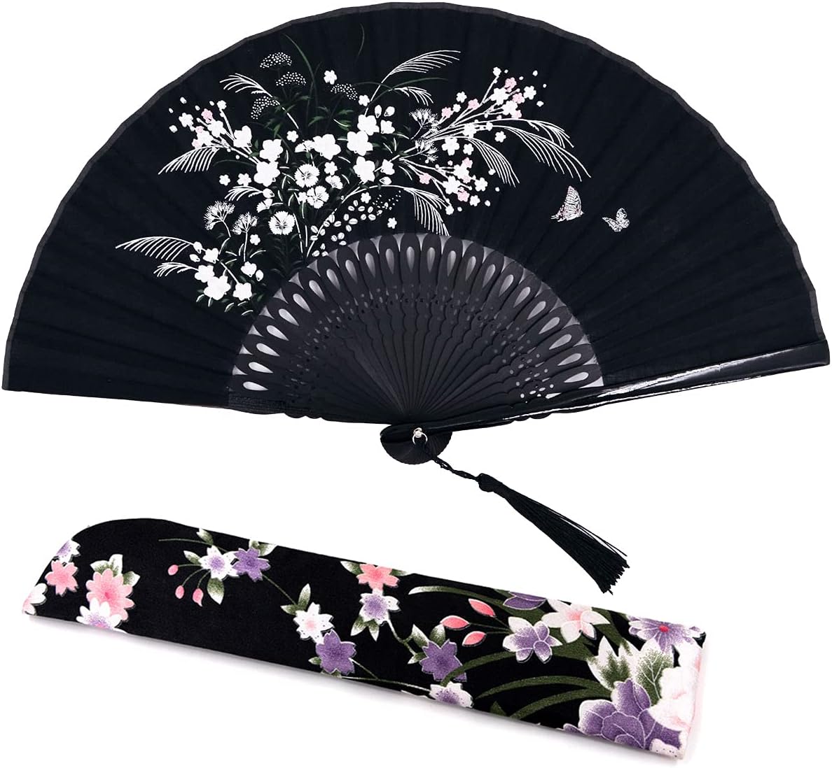 Amajiji Charming Elegant Modern Woman Handmade Bamboo Silk 8.27" (21cm) Folding Pocket Purse Hand Fan, Black