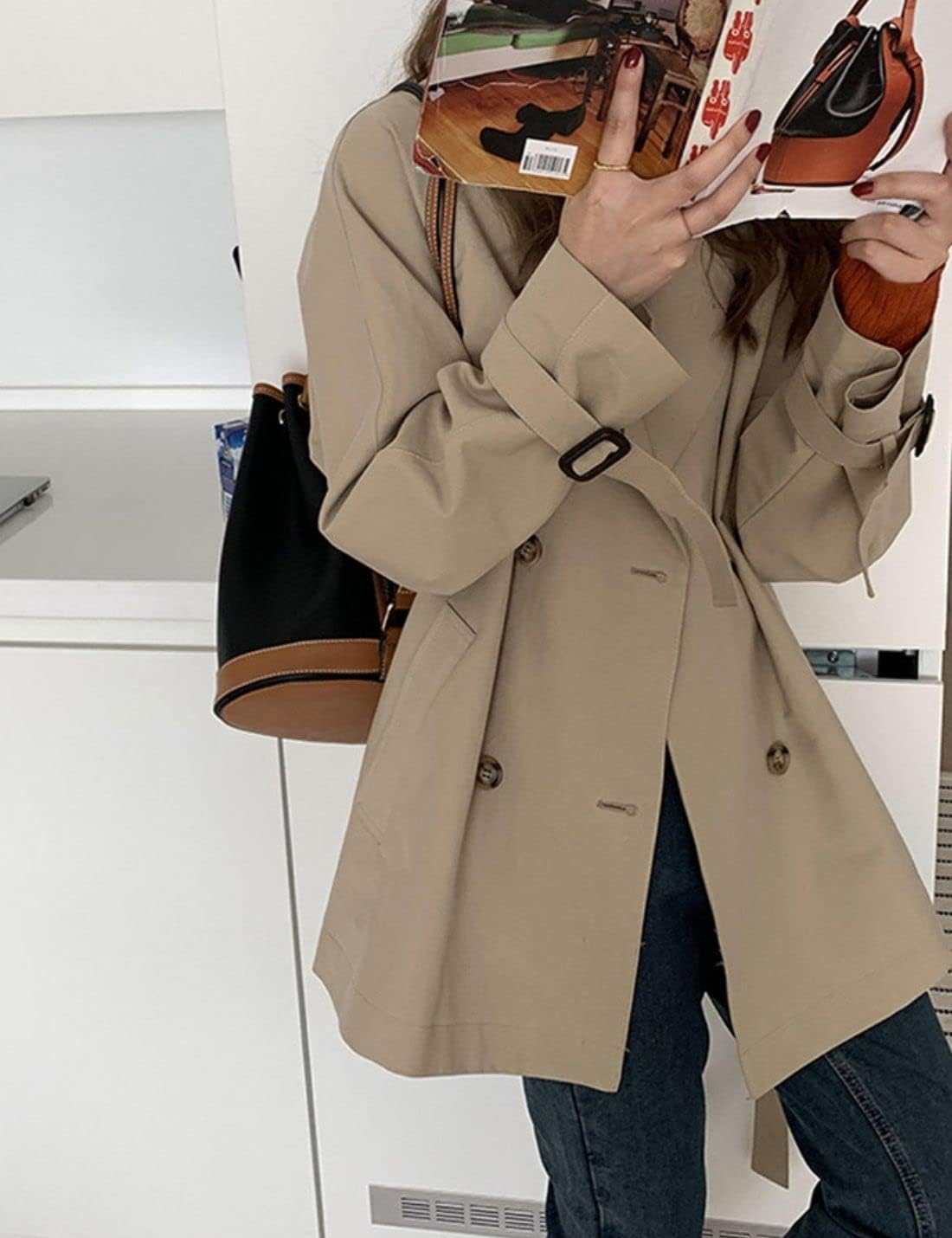 Kwoki Women's Double Breasted Short Trench Coat Long Sleeve Casual Button Lapel Overcoat