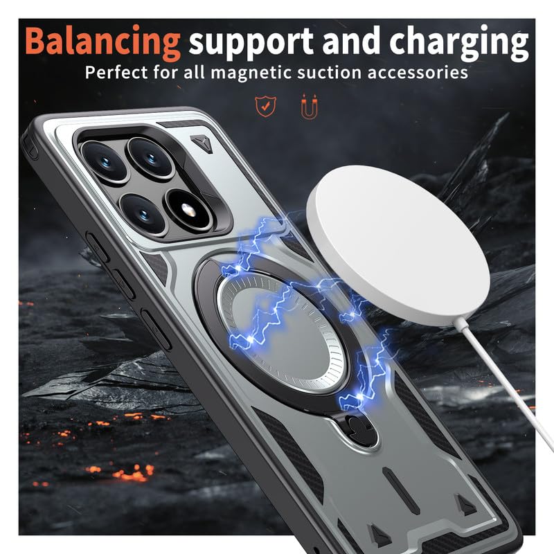 Image of Bumper Armor Shockpoof Case Compatible with Poco X6 Pro 5G, Magnetic Attraction Ring Holder Phone Cover and 360 Protection Rotate Stand Case Cover for Poco X6 Pro 5G - Silver