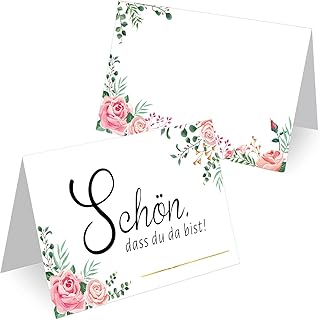 DPKOW 60 Stück Hochzeit Tischkarten mit Blumendesign, Schön DASS Du da Bist Platzkarten zum Beschriften Tischkarten für Geburtstag Konfirmation Taufe Hochzeit Namenskarten Namensschilder