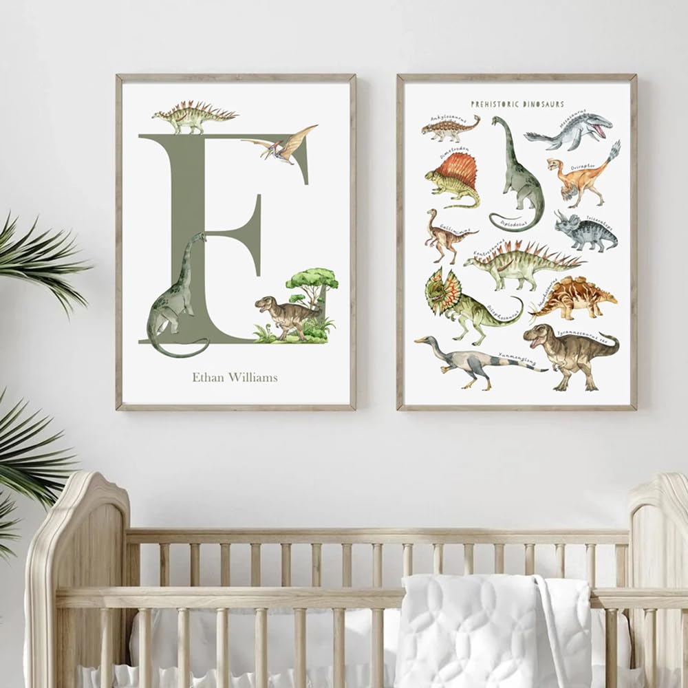 Youihom 3 Quadretti Personalizzati Bimba Stampa Nome Bambino 30 x 40 cm Quadretti Cameretta Ragazzi Quadri Dinosauri Cameretta Poster Alfabeto Bambini Verde Stampe Tela Senza Cornice