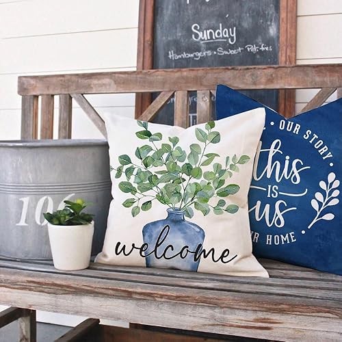 Miniatura 6 de PANDICORN Juego de 4 fundas de almohada de primavera de 16 x 16 pulgadas, hojas de eucalipto, florero azul verde, camión Bless This Home, juego de 4