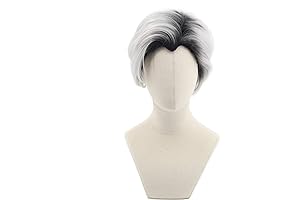 Man's Short Curly Silver Grey Boot Black Cosplay Wig Halloween Costume Wig
