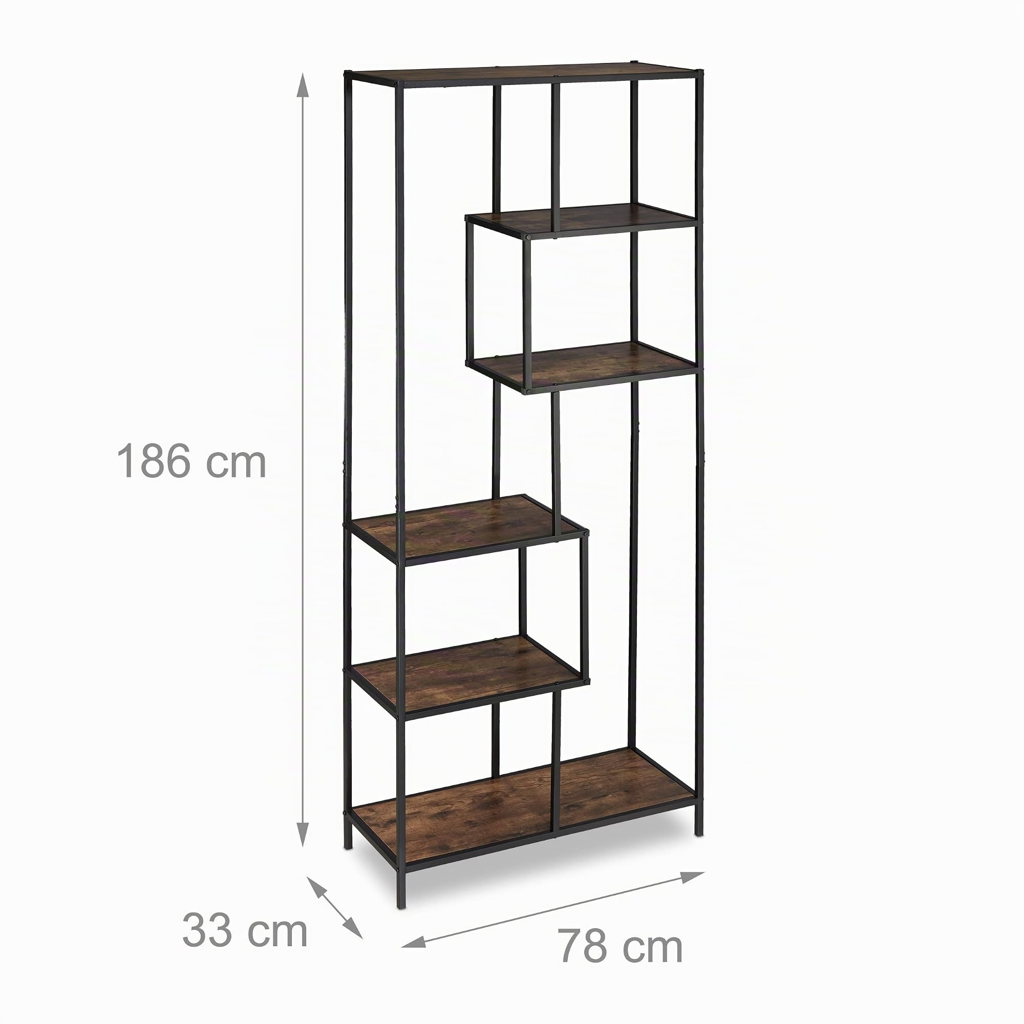 Relaxdays Scaffale Libreria Stile Industrial, 6 Ripiani, Effetto Legno, Mobile Vintage, 186x78x33 cm, Nero Marrone Scuro