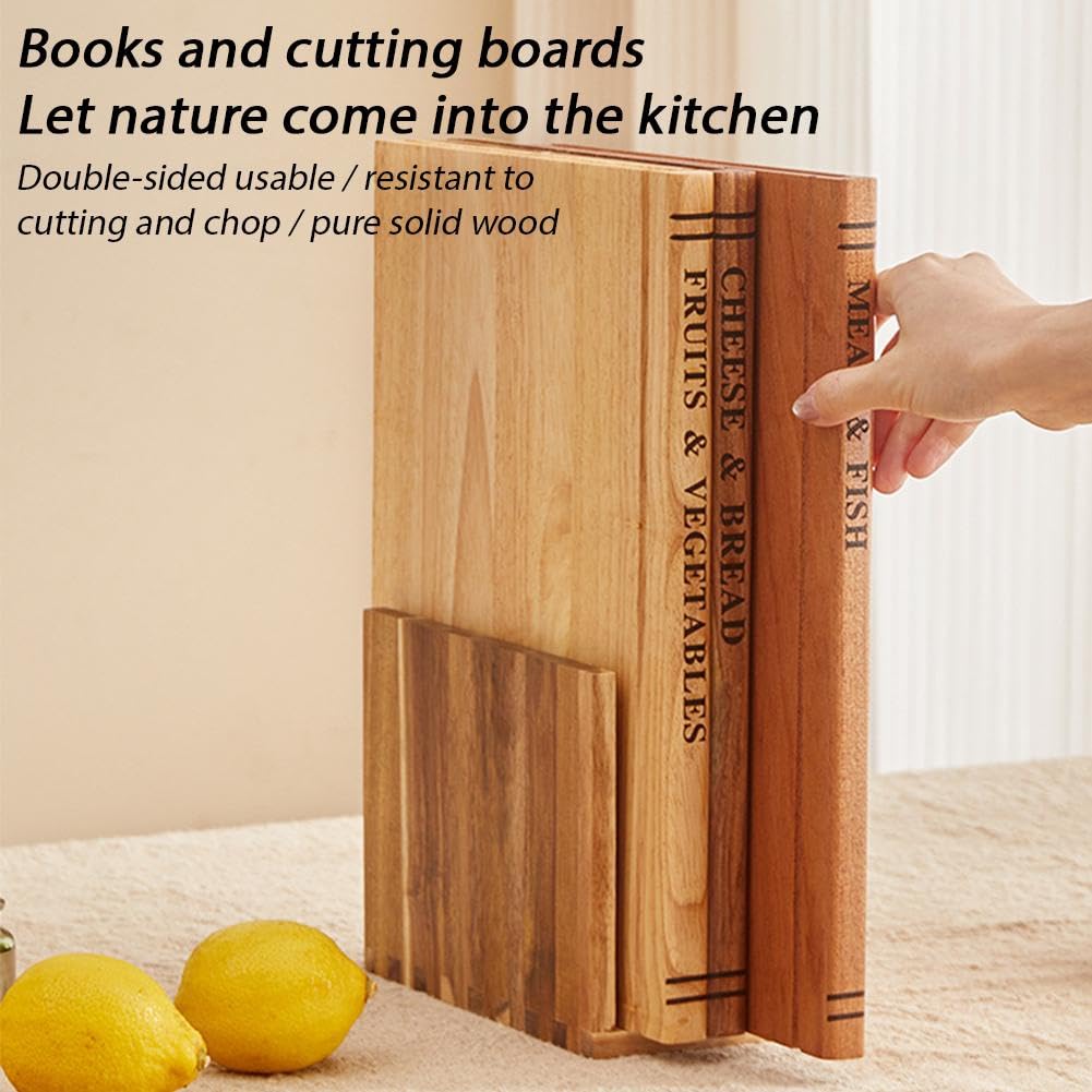 Buchschneidebretter Set, The Cutting Board Library, Book Shaped Design, Holz Schneidebretter & Holz Utensilien-Set, Dekorative Schneidebretter mit Ständer für Obst, Gemüse, Fleisch, Fisch, Brot