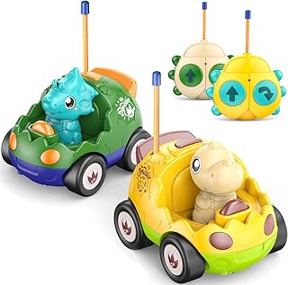 2 Pack Remote Control Car Toys for 2 3 4 Years Old, Toddlers Dinosaur RC Car Toys with Music, Lights and Sound Effect, Christmas Birthday Gift for Boys Kids(Yellow Green)