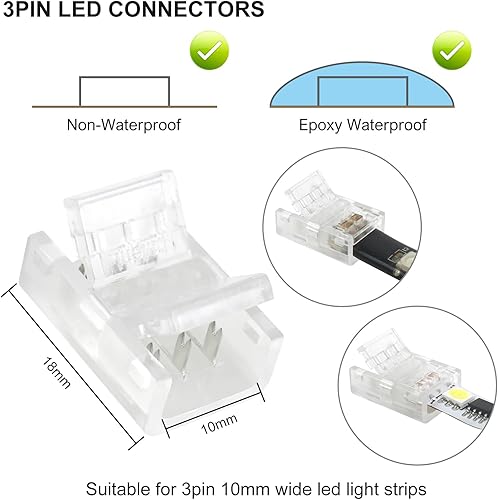 Miniatura 10 de RGBZONE 10 unids 3 Pin 0.394 in Conectores de tira LED sin huecos Tira sin soldadura a cable Conector rápido para 0.394 in Impermeable y no