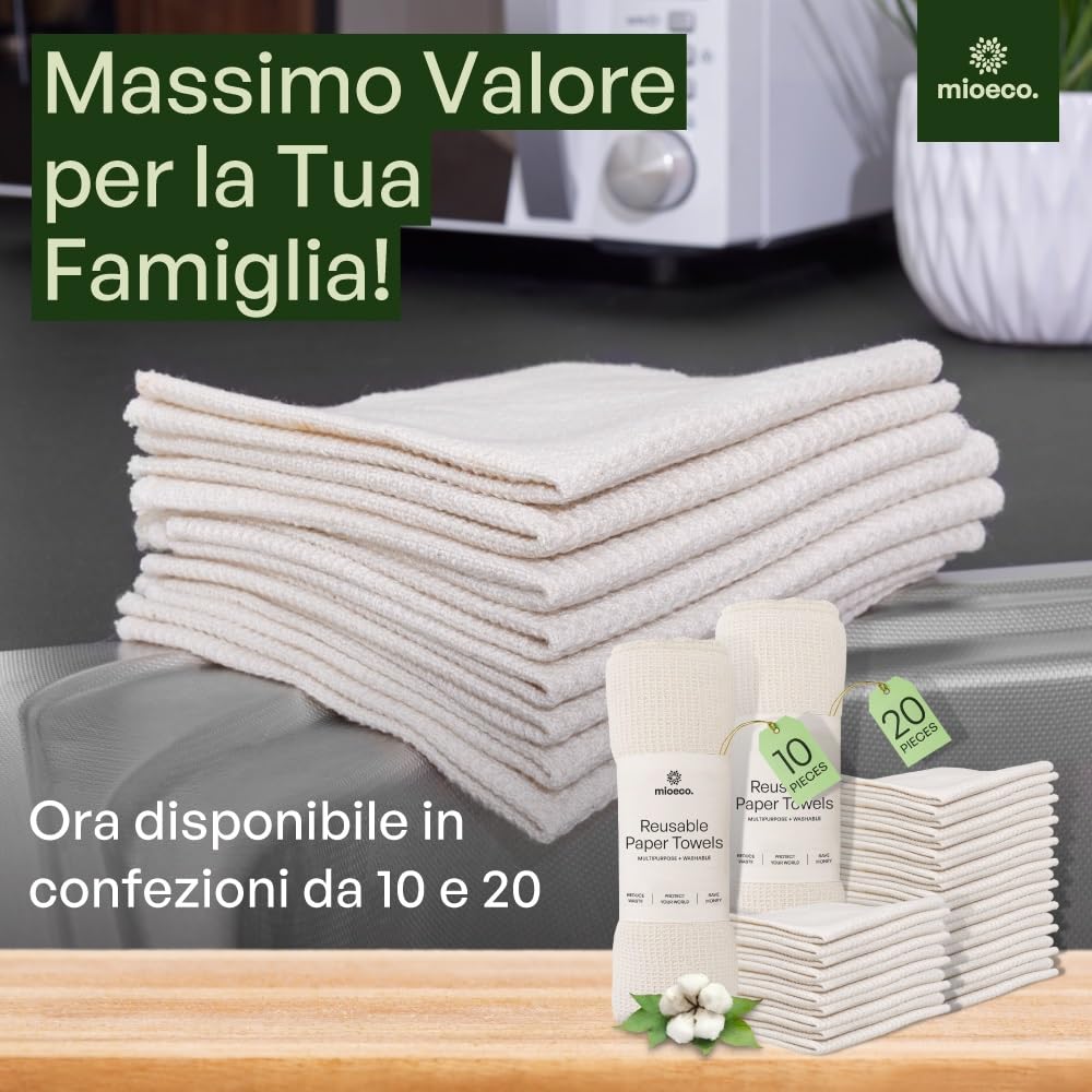 Mioeco Set da 20 Panni Cucina Riutilizzabili – Panno Spugna Lavabile in Cotone Biologico – Alternativa Eco ai Canovacci in Spugna – Super Assorbente, Resistente e Sostenibile
