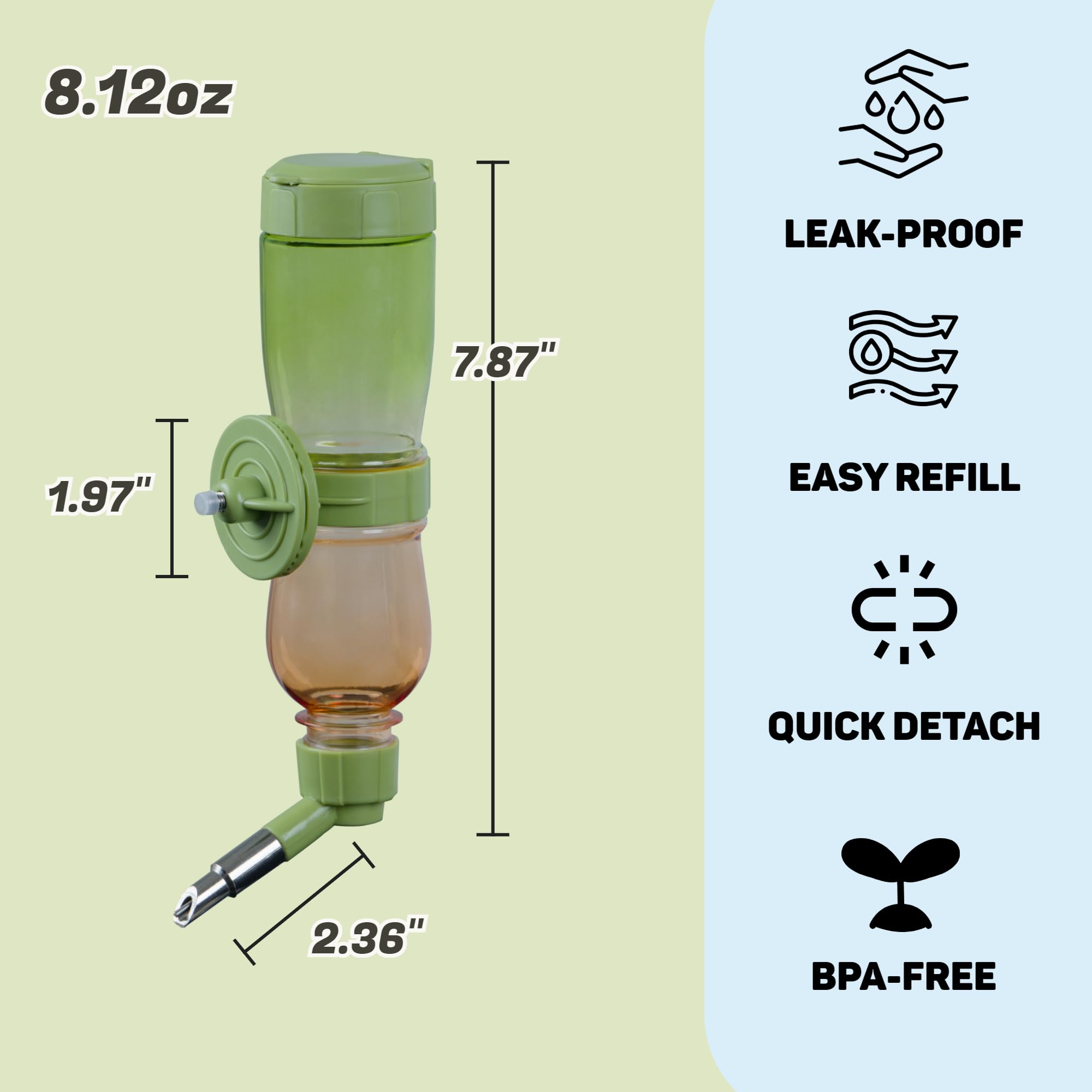 Leak-Proof Small Animal Water Bottle for Chinchillas, Birds, Hamsters, Guinea Pigs, Rabbits and Other Small Pets. (Green, 8.12oz)