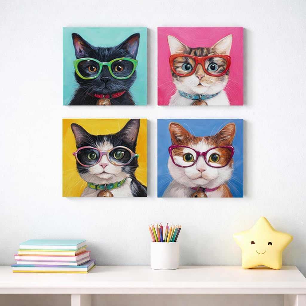 Artiluxy Cute Cat Canvas Wall Art Set of 4, 12x16 Inch Colorful Cat Portrait Prints with Glasses, Funny Pet Wall Decor for Living Room Bedroom, Ready to Hang (Green B)