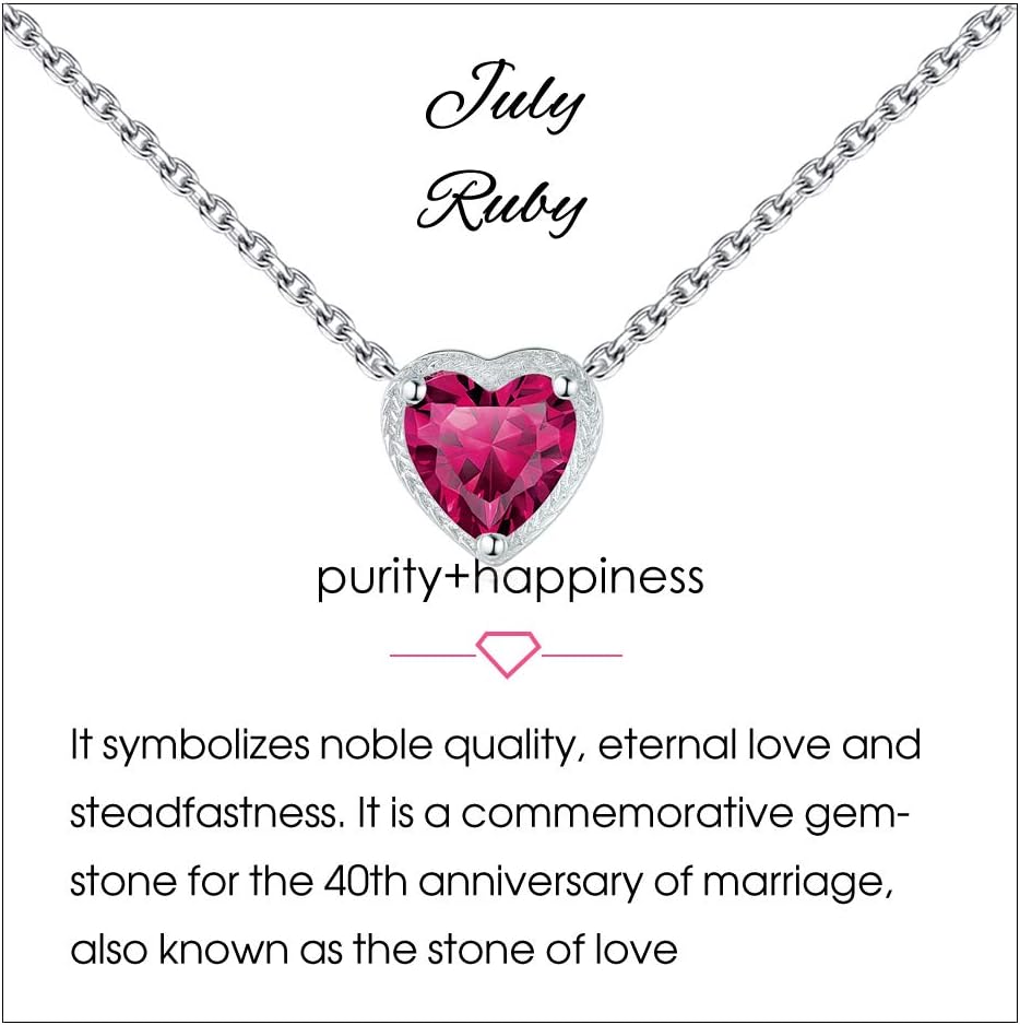 Qings Birthstone Heart Women Necklaces, 925 Sterling Silver Birthstone Pendant Necklace, Adjustable Chain Gift Box, 12 Months Jewellery Valentines Gift For Her Wife Mom Birthday Wedding