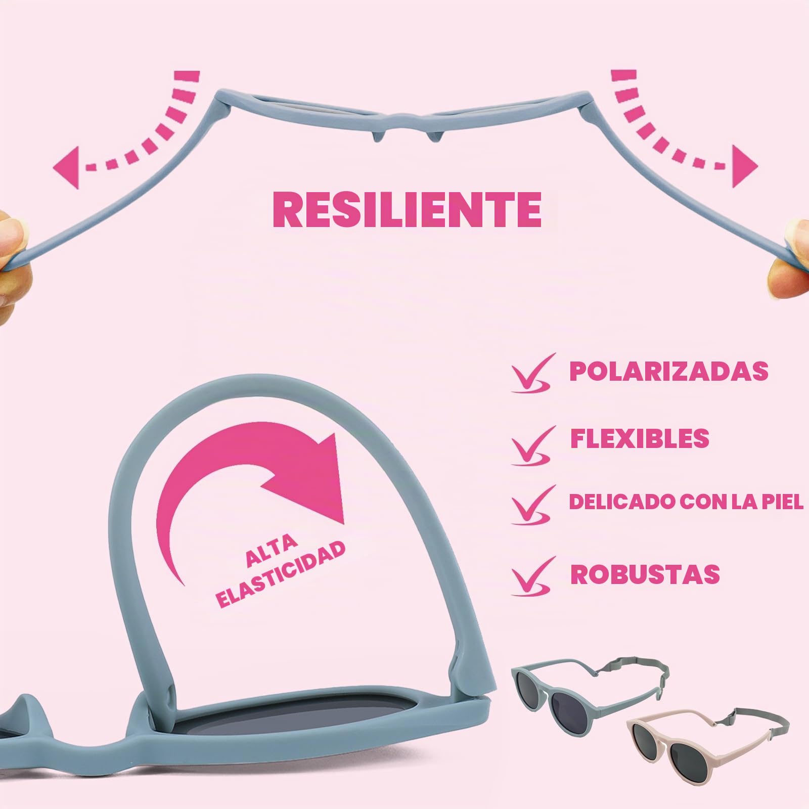 2 lentes de sol polarizados para bebé, lentes de sol ajustables para bebés con correa de silicona suave, protección UV 400 polarizada de alta definición, para niños pequeños, niñas, viajes