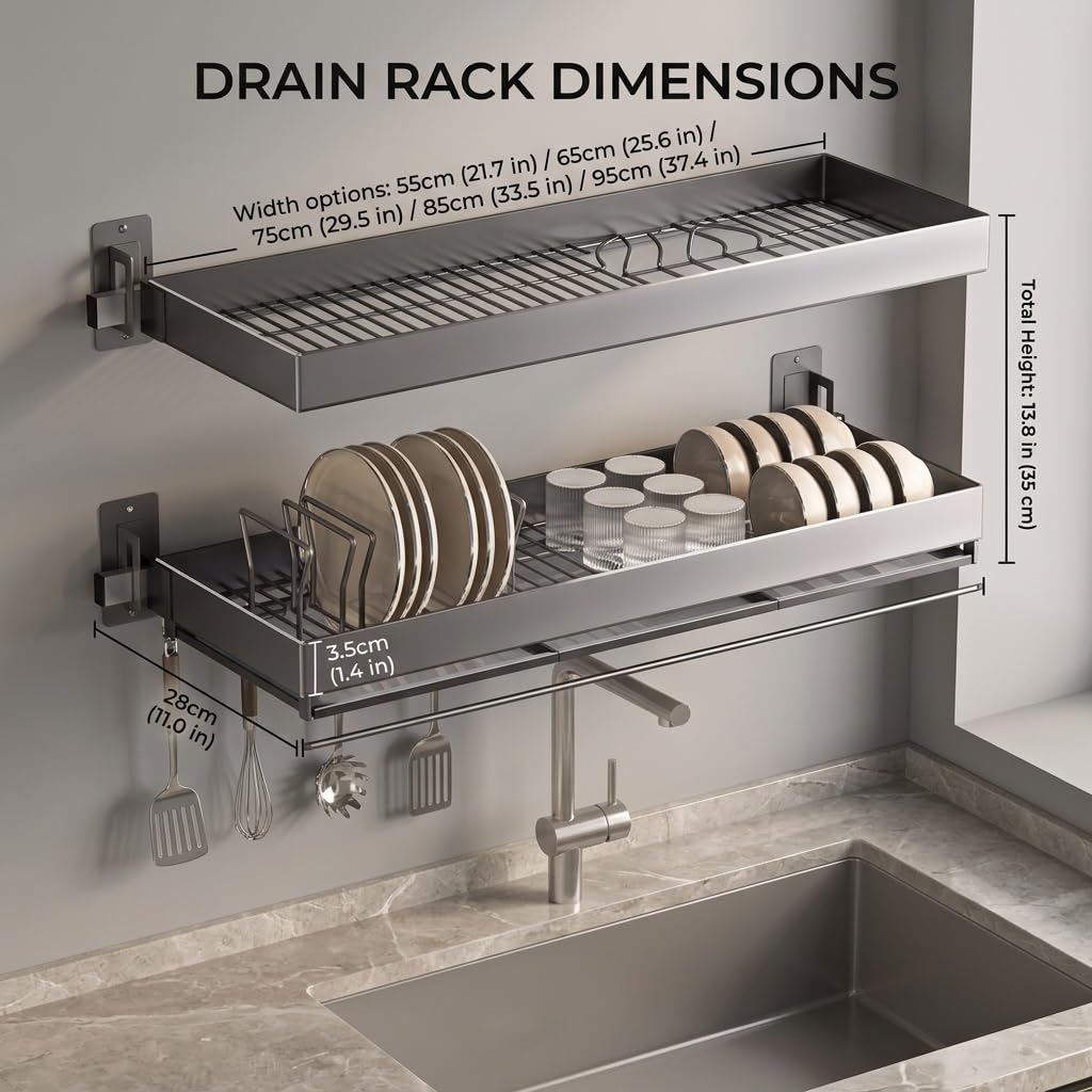 Escurridor de Platos para Pared, Organizador de Cocina en Acero | Acero inoxidable, montaje en pared, ahorro de espacio, secado rápido(Gray 2,95cm/37.4in)