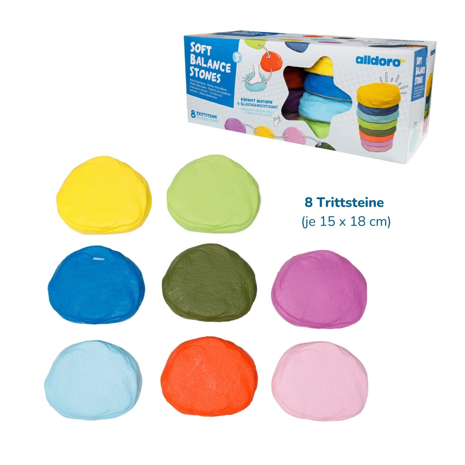 alldoro 60800 Pierres d'équilibre Souples - 8 Pierres d'équilibre en Mousse Souple pour Enfants à partir de 3 Ans, 18 x 15 cm chacune, Multicolore