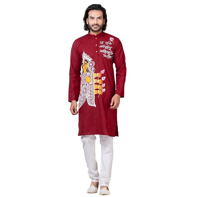 Traditional Durga Puja Special Maroon Cotton Kurta for Men