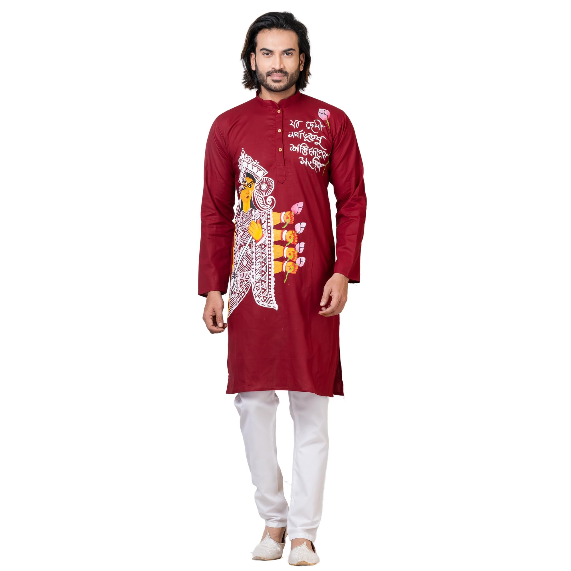 Traditional Durga Puja Special Maroon Cotton Kurta for Men-picture-11