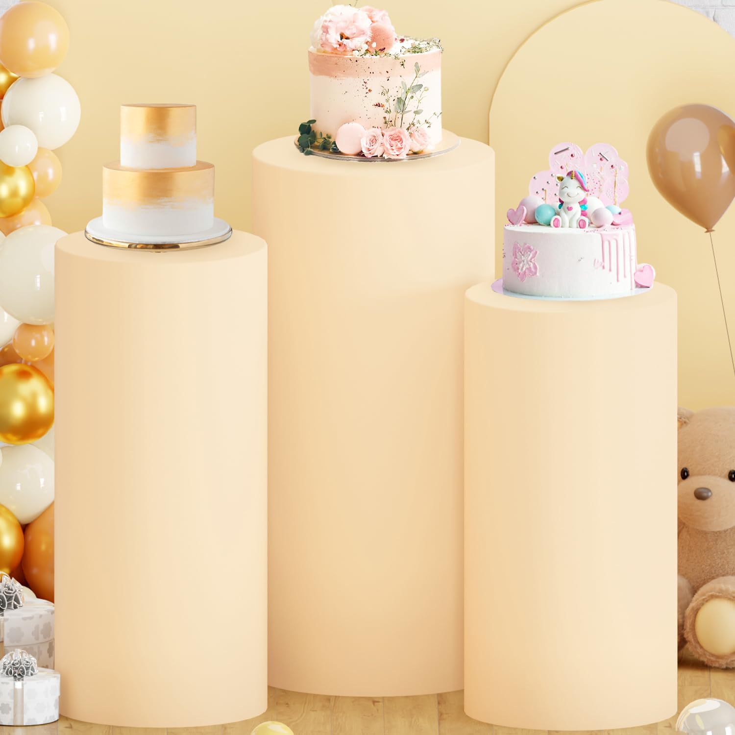 FOTSHARER Set of 3 Spandex Cylinder Pedestal Covers Beige