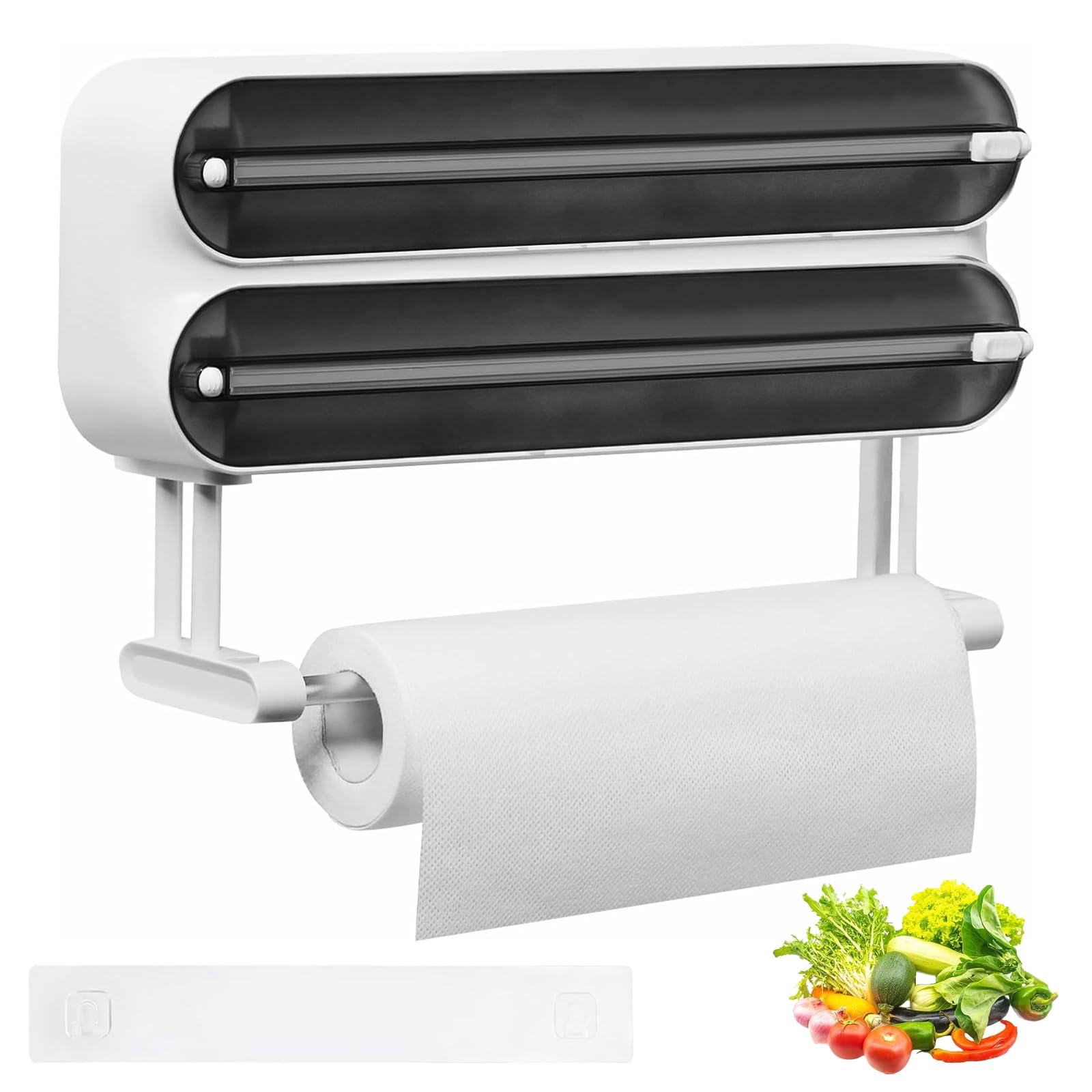 3 in 1 Frischhaltefolienspender, Küchenrollenhalterung mit Küchenrollenhalter, Folienschneider Magnetischer mit Küchenrollenhalter, Wandrollenhalter Alufolienspender, Schwarz