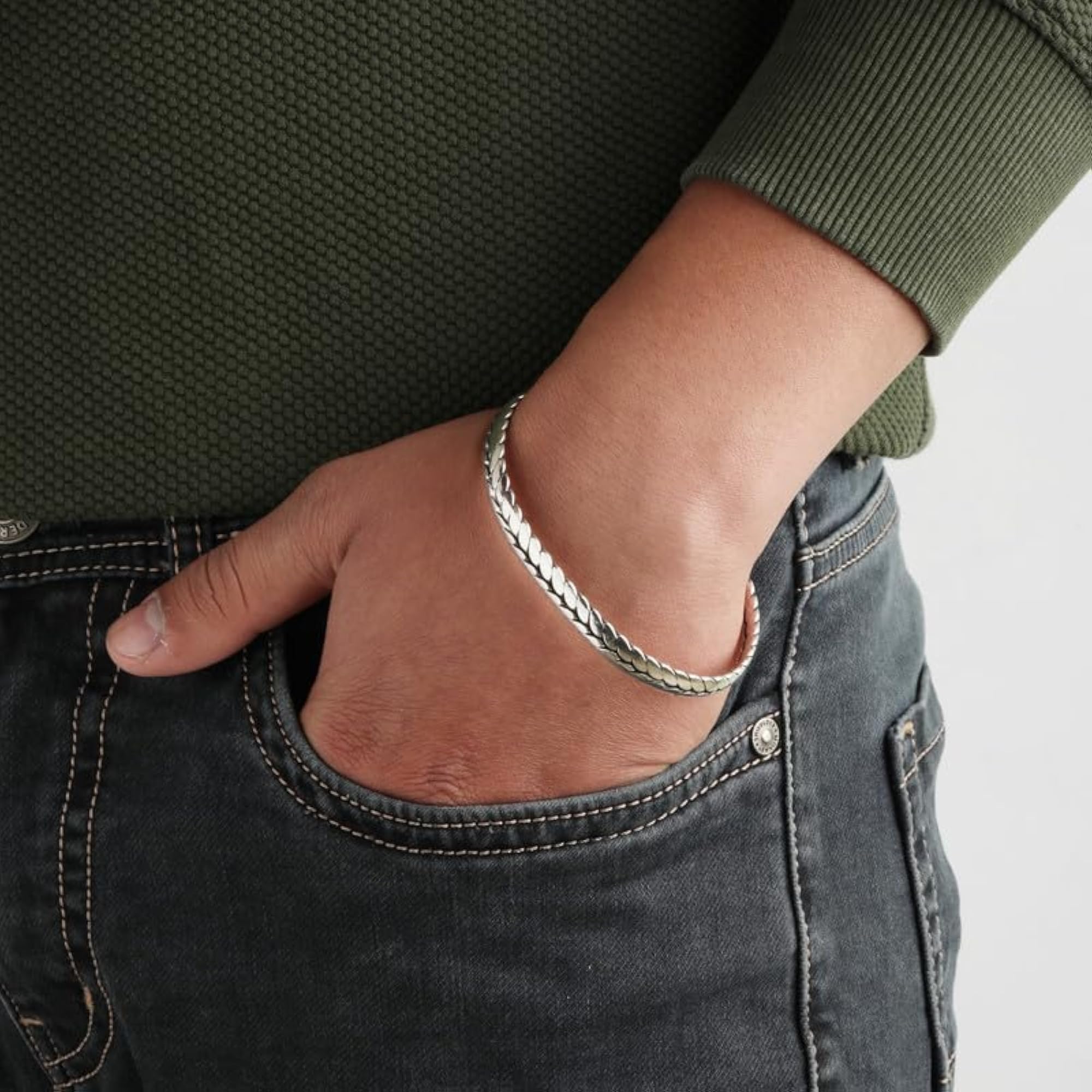 Men's 925 Pure Silver Open Cuff Braided Woven Band