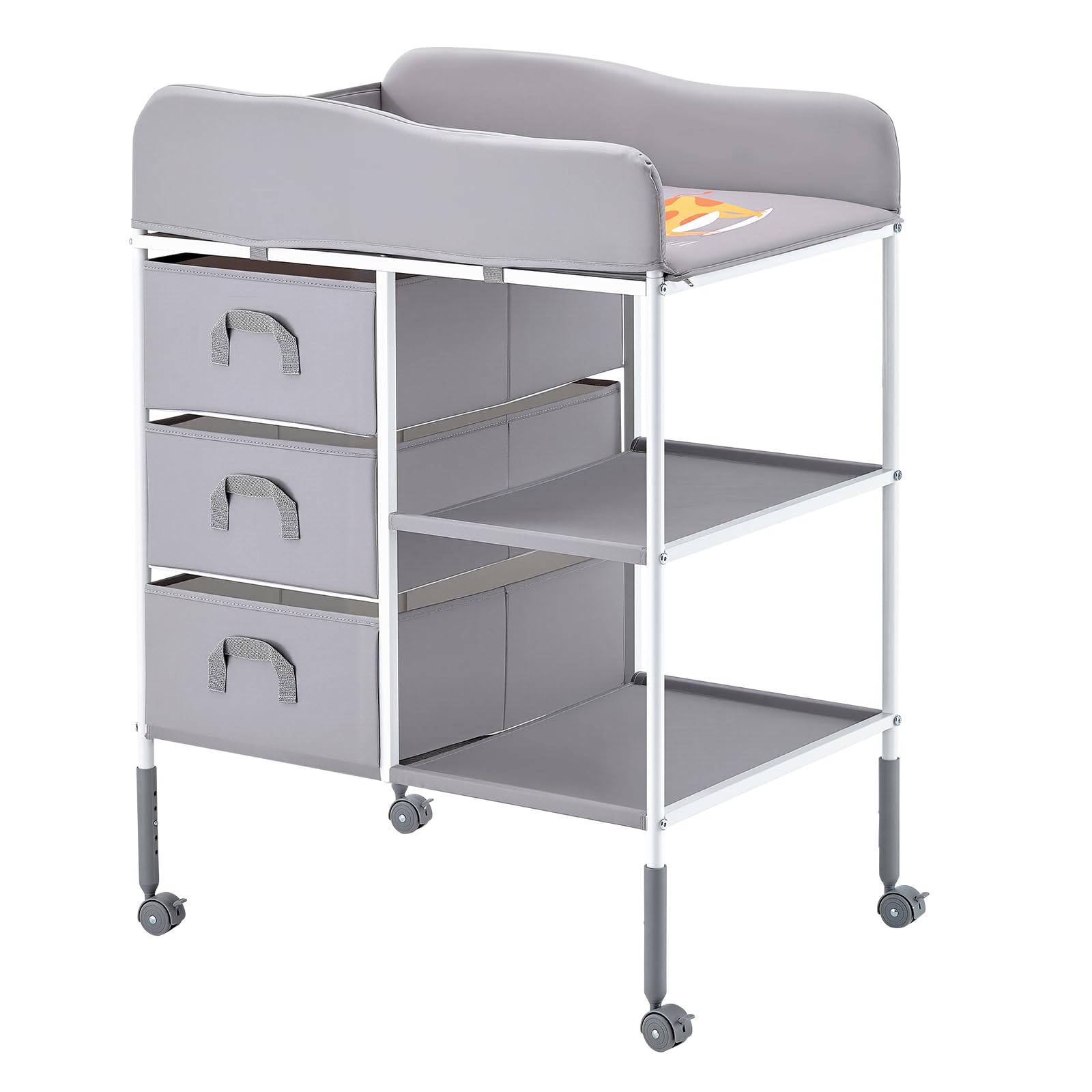 VEVOR Table à Langer Portable, Plan à Langer avec 3 Tiroirs en Tissu et Roulettes Verrouillables, Meuble pour Bébés Multifonctionnel avec Rangement, Hauteur Réglable, pour Chambres d'Enfant, Gris