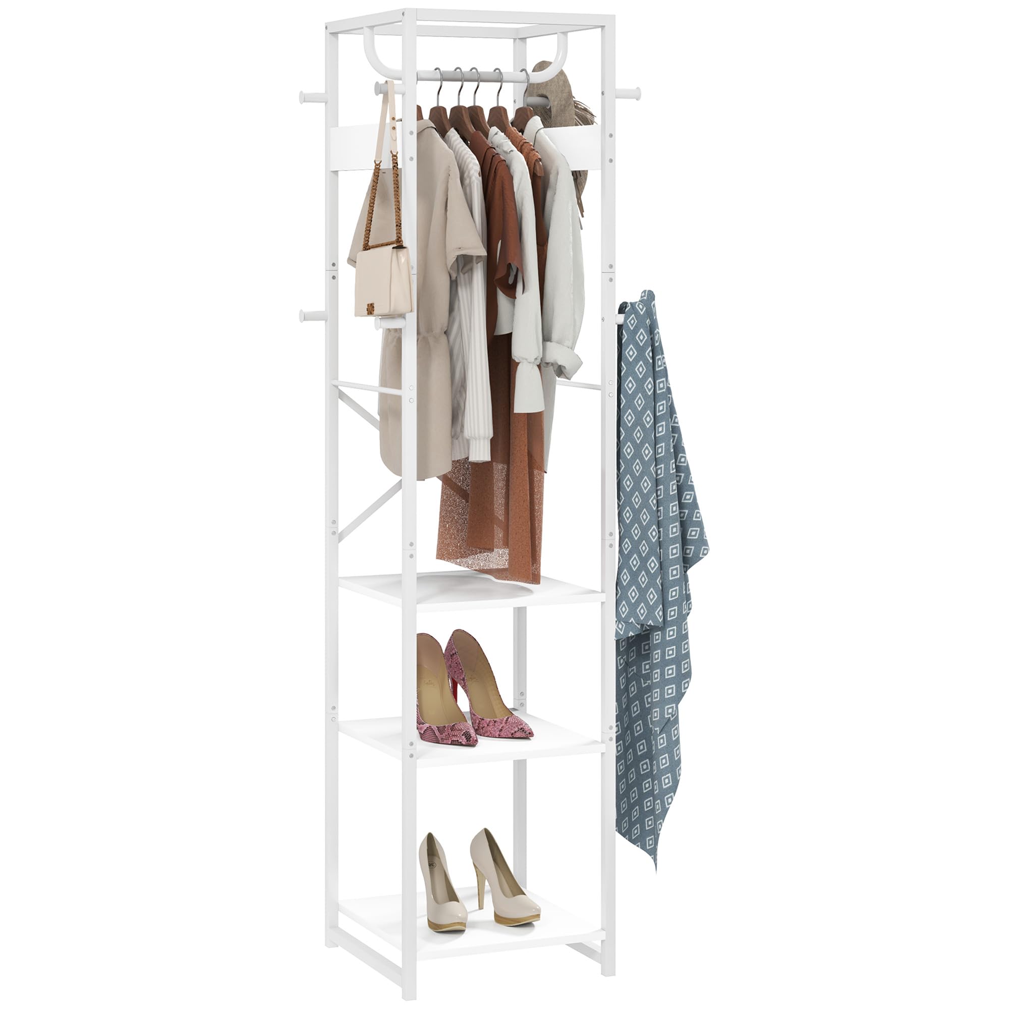 HOMCOM Appendiabiti da Terra con 3 Ripiani Aperti e Asta, Mobile Appendiabiti in Acciaio e MDF per Camera da Letto e Ingresso, 38.5x30x170 cm, Bianco
