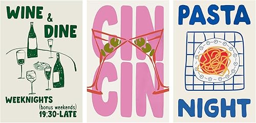 Juego de 3 impresiones de moda de Cin Cin Cin Cheers Pósters Vintage Wine Dine Club Arte de pared de mediados de siglo, pasta moderna de noche,