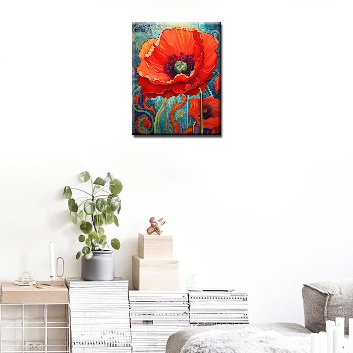 Tucocoo Red Poppy Paint by Bumbers for Adults Abstract Poppy DIY Paint by Numbers Acrylic Paint Canvas Graffiti Red Flowers Abstract Red Flower Scenery Painting Kits Art 16x20 Inch（Without Frame）