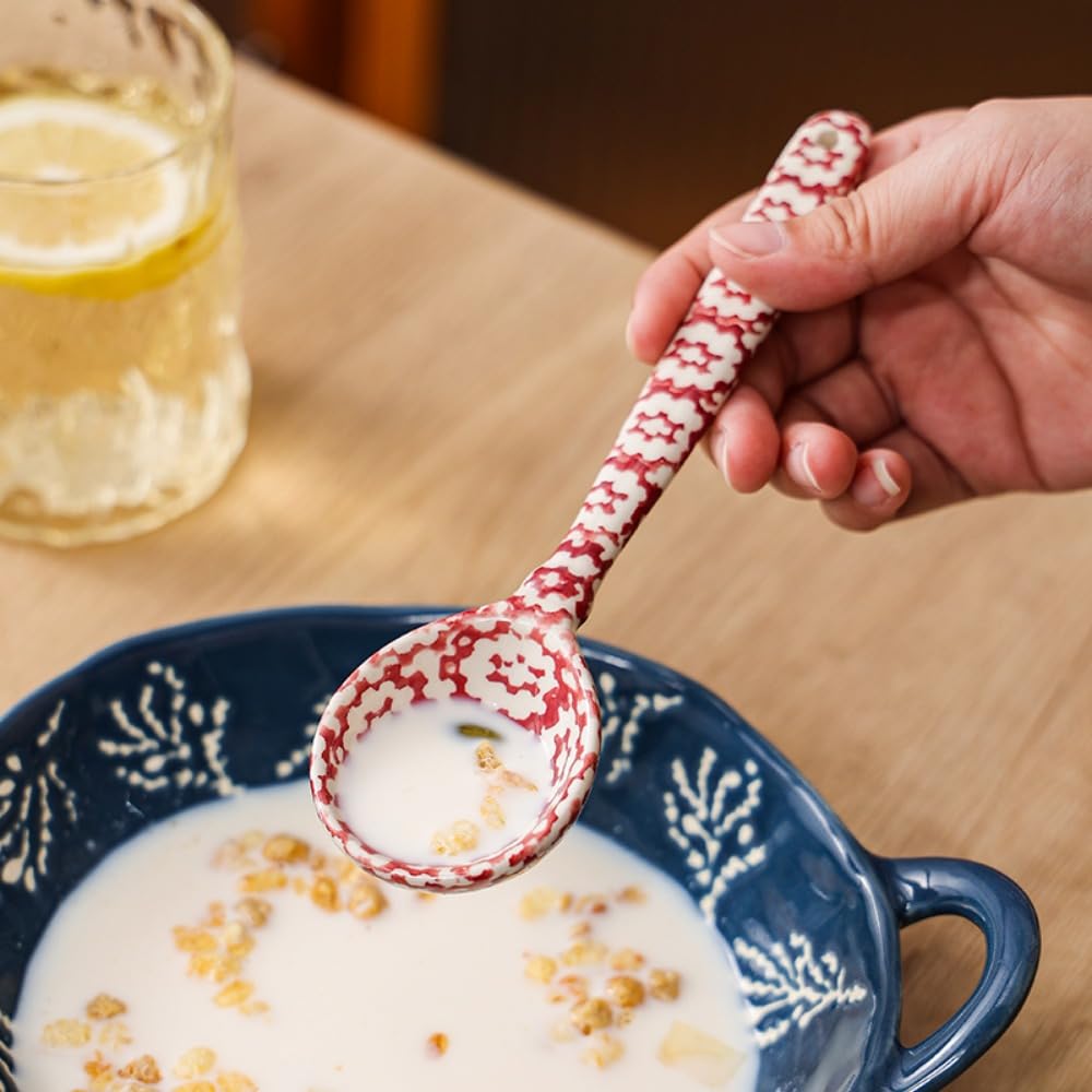 Cuchara de cerámica de mango largo para uso doméstico, sopa, cucharadita grande de mesa redonda (4 piezas)