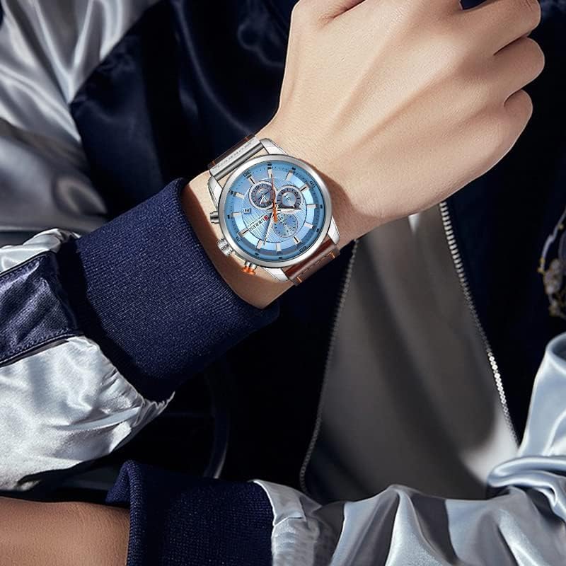 FANMIS Mens Sport Military Analog Quartz Watch Chronograph Classic Casual Business Dress Waterproof Watch Multifunctional Wristwatch with Leather Strap Silver Blue image 6 of 6 B07P6MKSS3