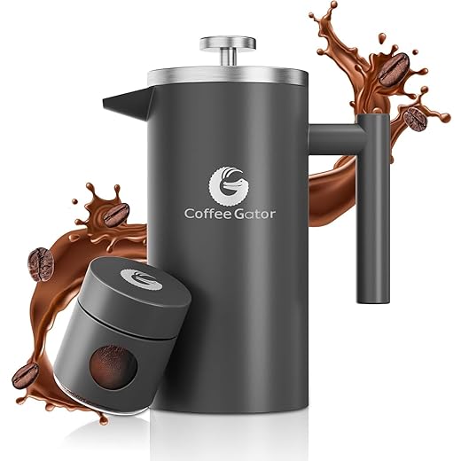 Coffee Gator French Press Coffee Maker- Insulated, Stainless Steel Manual Coffee Makers For Home, Camping w/ Travel Canister- Presses 4 Cup Serving- Large, Gray (34 fl oz)