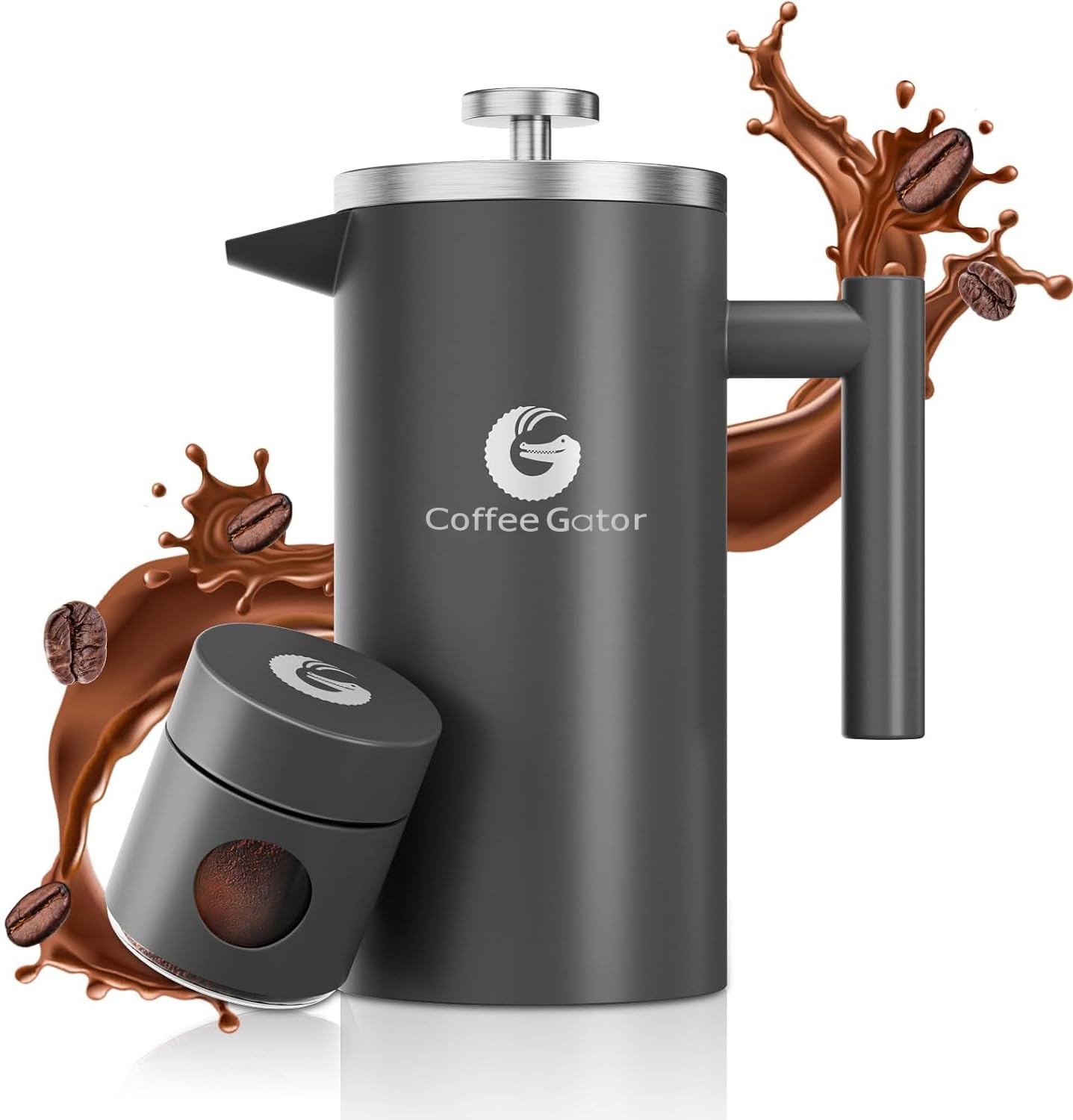 Coffee GatorFrench Press Coffee Maker - 34oz Double Insulated Stainless Steel Brewer plus Travel Jar Canister, Portable Hot Cold Brew Teapot Cafetera for Coffee Bar Accessories Kitchen Camping, Gray