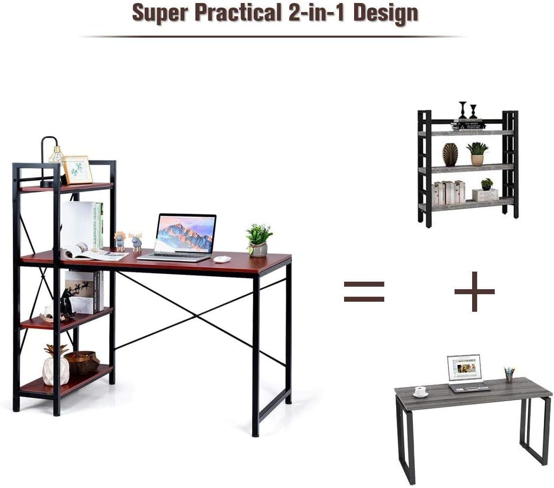 DORTALA 47.5" Computer Desk, Modern Style Writing Study Table with 4 Tier Bookshelves, Home Office Desk, Compact Gaming Desk, Multipurpose PC Workstation (Red Brown)