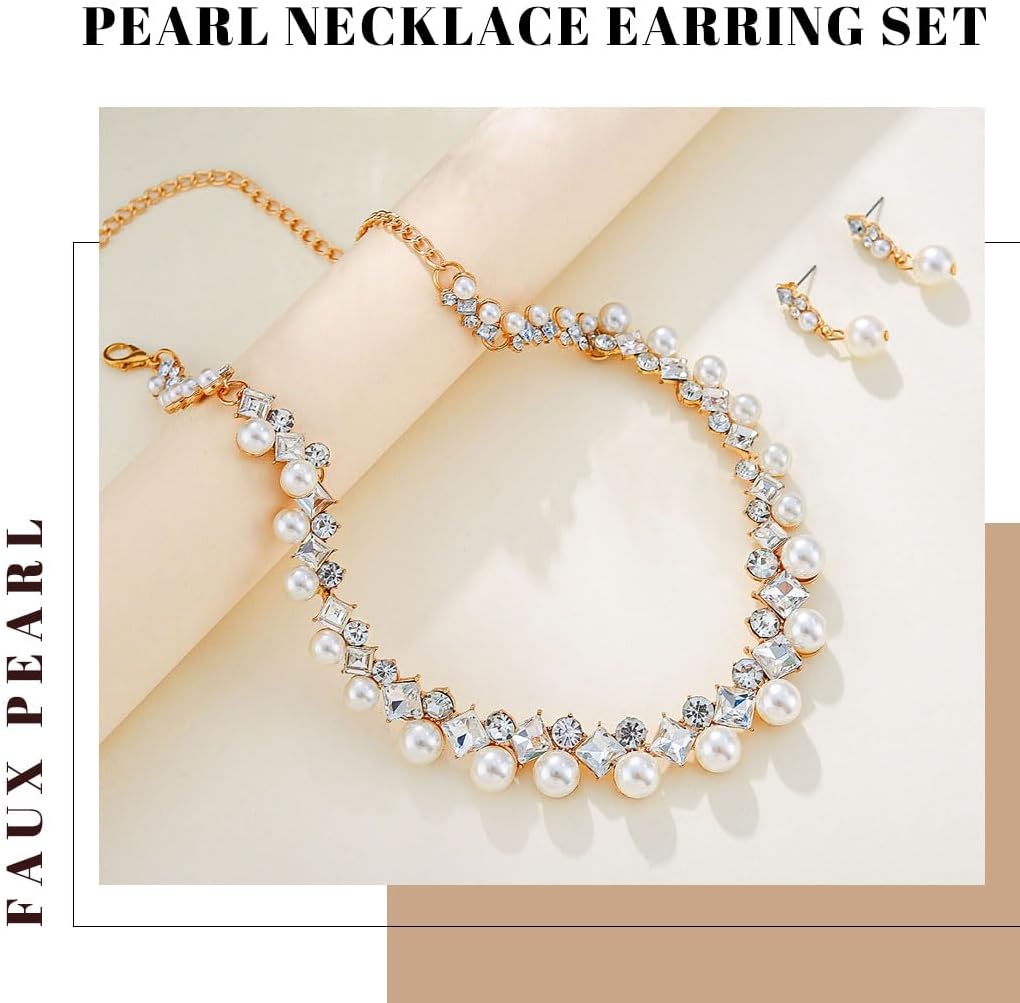Gangel Rhinestone Necklace Earring Set Faux Pearl Necklace and Dangle Earrings Wedding Bridal Jewelry Crystal Necklaces for Women