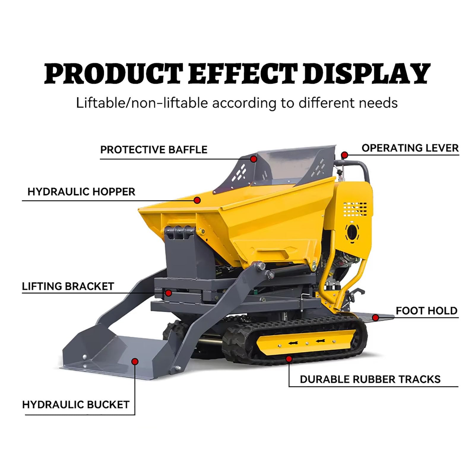 Caminar detrás de orugas Dumper hidráulico autodesviable carro transportador de orugas tolva utilitaria para la construcción de residuos de residuos manipulación de suministros 500 kg 800 kg