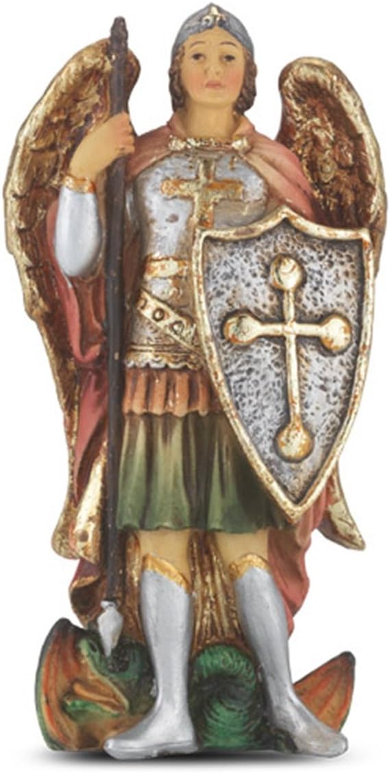 Hand Painted Resin Catholic Patron Saint Michael The Archangel Statue with Prayer Card, 4 Inch