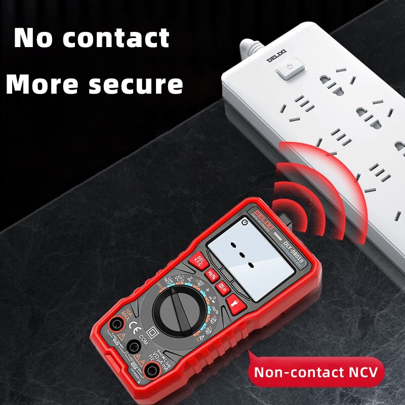 DELIXI DLY-0801B Multimeter performing non-contact voltage detection near a power strip