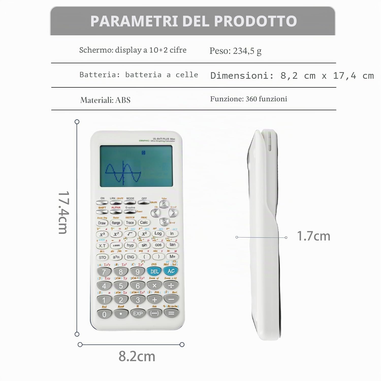 Calcolatrice grafica scientifica con 360 funzioni, grafica/statistica/algebre/calcolatrice con display a 10+2 cifre per studenti universitari e superiori, ufficio e affari, bianco