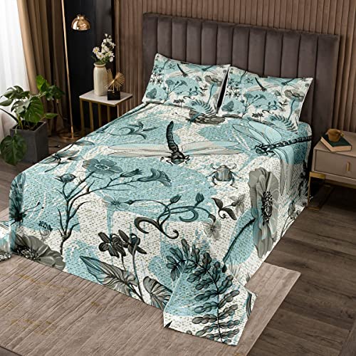 Loussiesd Colcha acolchada con libélula azul retro floral para niños y niñas, mujeres, jardín, flores, colcha de animales, 2 piezas, tamaño individual