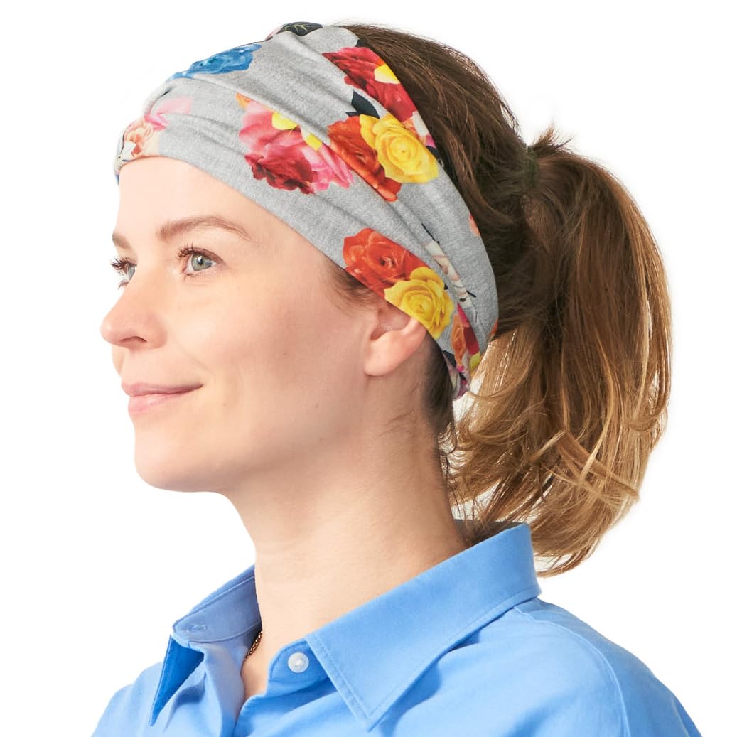 CHARM Sustainable Wide Pre-tied Yoga Headband - Cotton Eco Headbands For Women Boho Headbands For Women Floral Grey-image-9