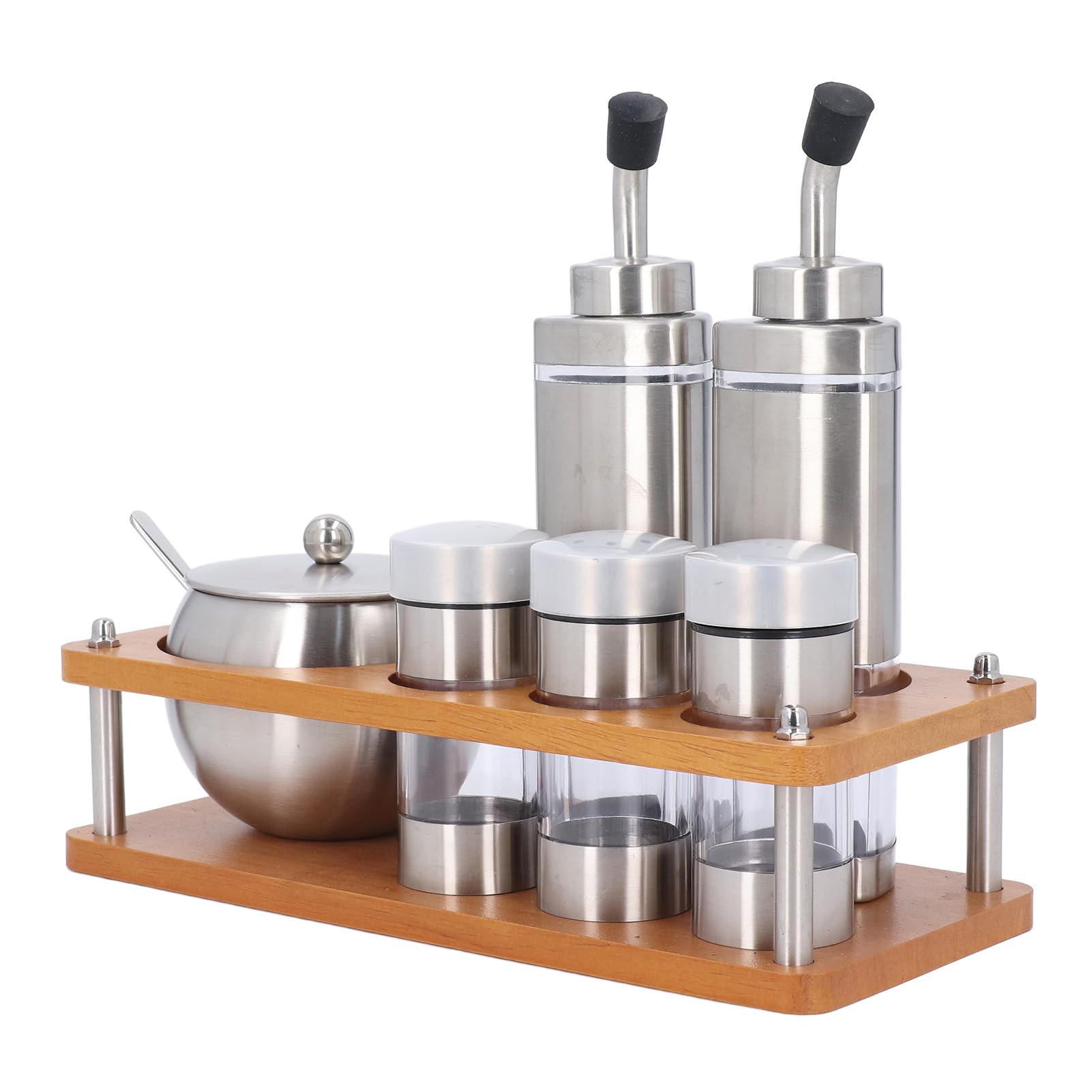 Öl- und Essigspender-Set, 304 Edelstahl und Holzsockel, 6-teiliges Küchengewürzspender-Set mit Dichtleistung und Einfacher Reinigung für Verschiedene Gewürze,