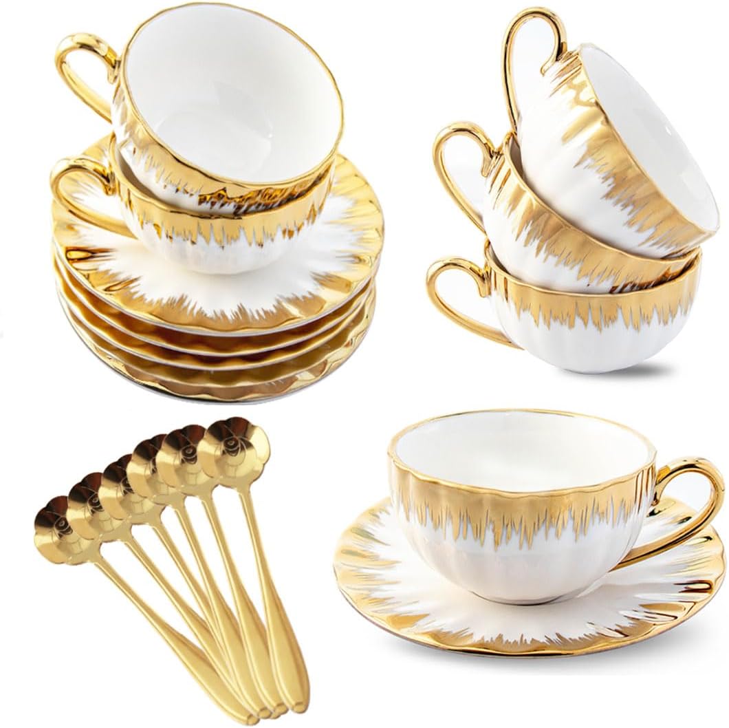 CHANJOON Set of 6 Tea Cups Tea Tray Tea Spoon, 6 oz Ceramic Coffee Mug Set with Electroplated Gold Rim and Gift Box, Coffee Mugs, White Tea Mug Set, English Coffee Mugs, (gold color, medium) medium gold color