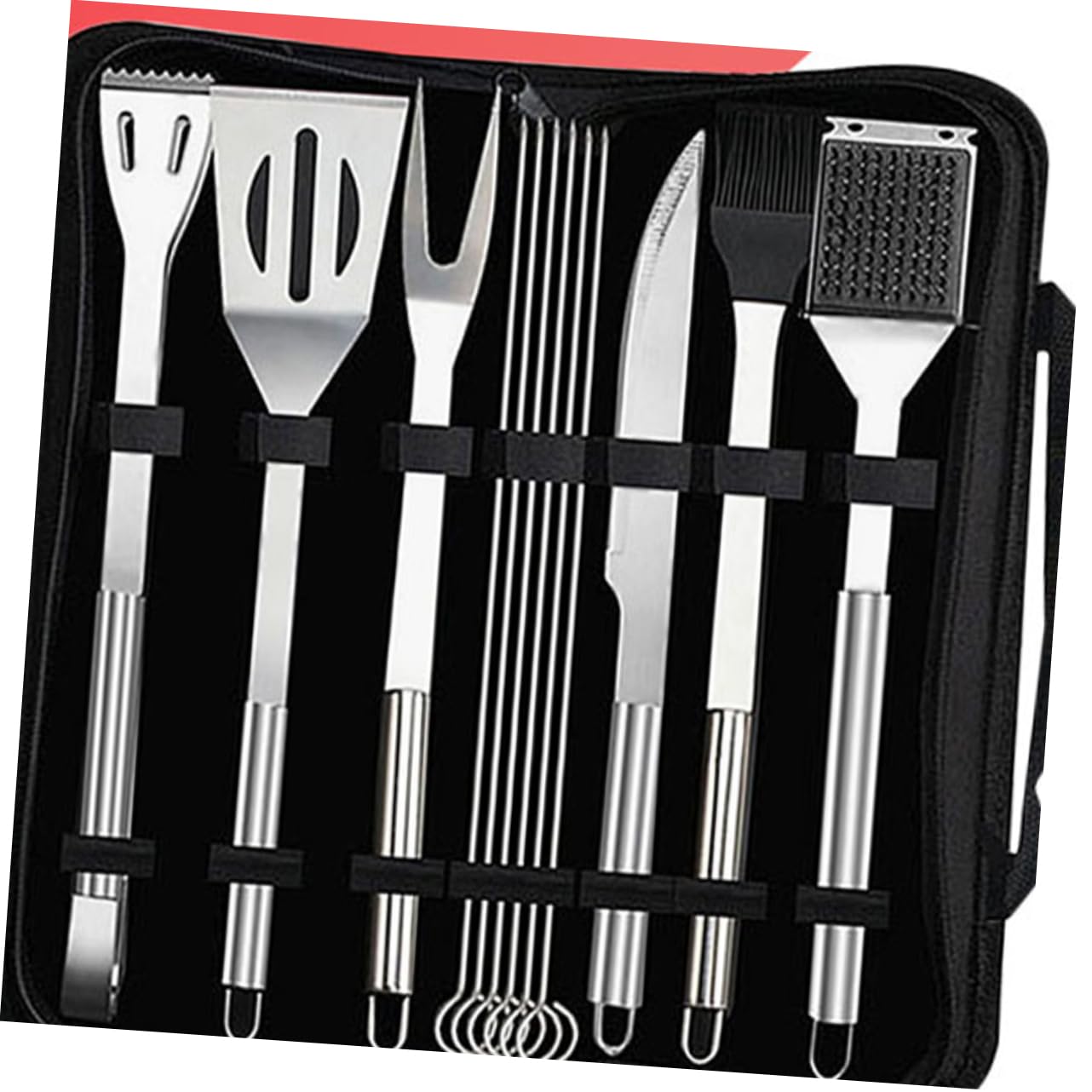 Set Utensili Barbecue 12 Pezzi in Acciaio Inox con Borsa Nera | Spatola, Pinza, Coltello, Forchetta, Spazzola e Spiedo, per Picnic e Campeggio, Accessori da Griglia