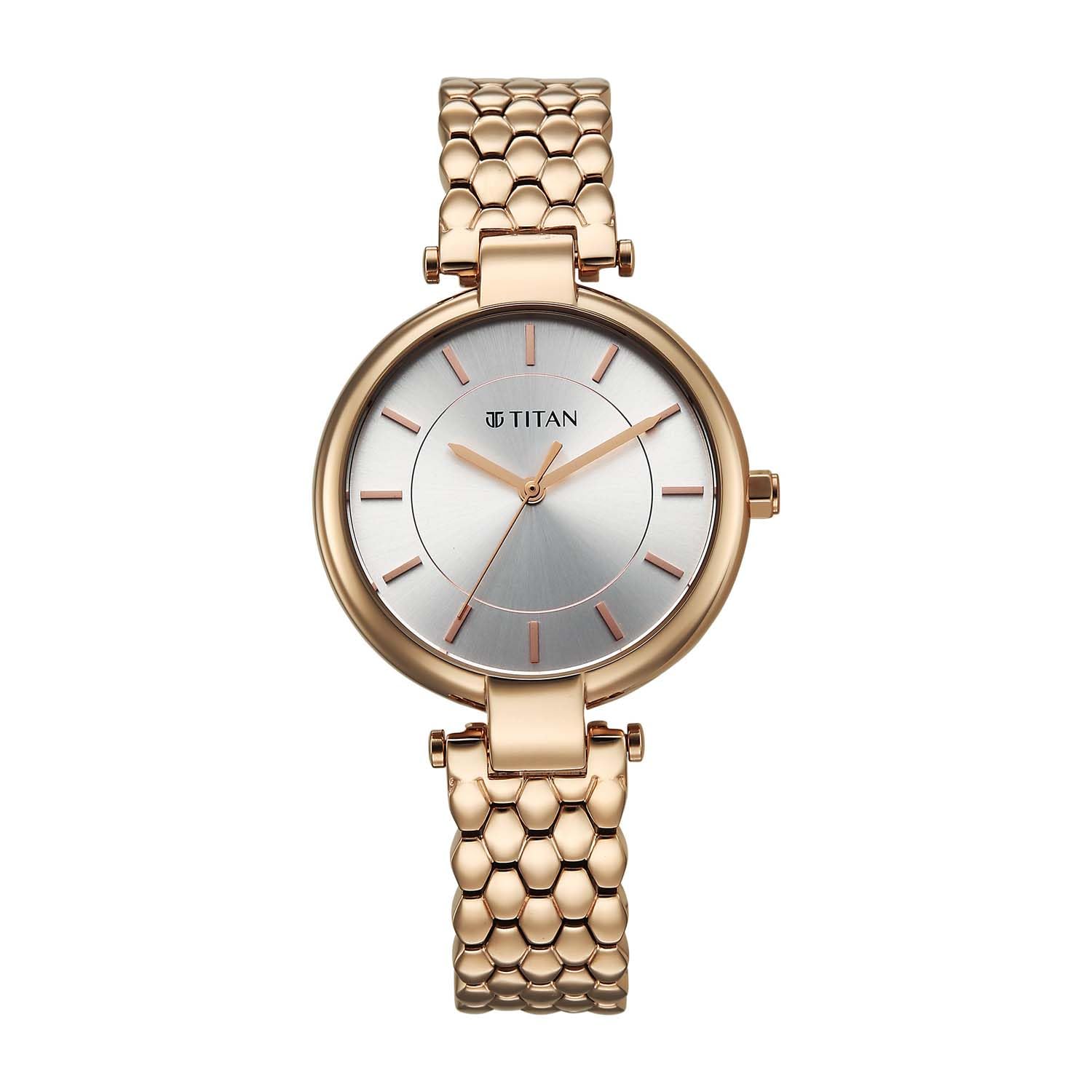 Titan Eminence Quartz Analog Silver Dial Rose Gold Strap Watch for Women