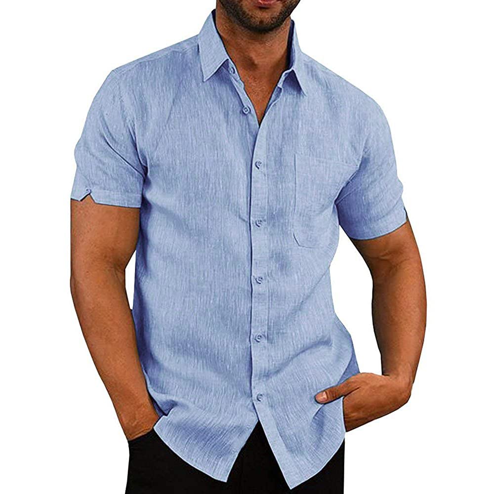 JEKAOYI Button Down Short Sleeve Linen Shirts for Men Summer Casual Cotton Spread Collar Beach Shirts