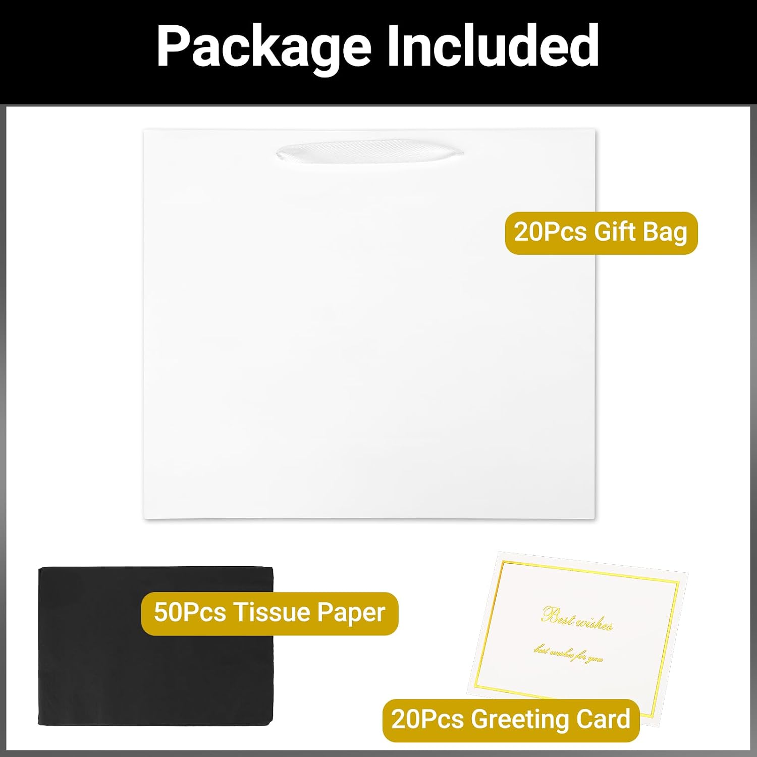 EUSOAR White Gift Bags, 20pcs 12.5"x4.5"x11" Large Gift Bags with Handles 50pcs 20"x30" Black Tissue Paper and 20pcs White/Gold Blank Cards, Thank You Welcome Bags for Shopping Wedding Birthday Party