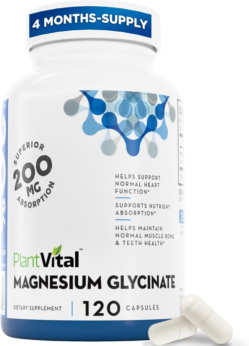 PlantVital Magnesium Glycinate 200mg, Normal Heart Health - 120 Capsules | Supports Restful Sleep, Muscle & Nerve Function, Bone Health - Feel Calm & Relax - Vegan, Third Party Tested, Gluten Free