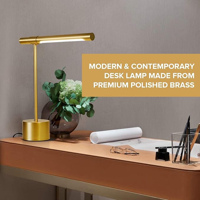 12Vmonster 2 PACK I All-Brass Mid Century Desk Lamp - Modern Midas Gold Bankers Lamp Shade - 18-in LED Desk Light - Adjustable Gold Table Lamp - Study Desk Lamp - Bedside Reading Table Lamp - Polished Brass Lamp photo 3