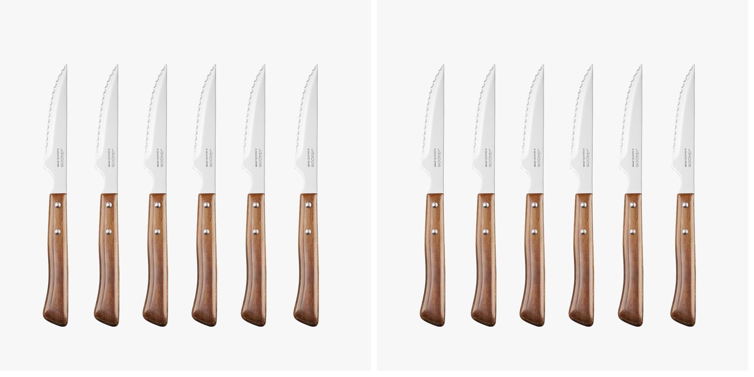 Arcos Juego 6 Cuchillos carne. Paquete Cuchillos chuleteros con filo de perla para cortar y filetear carne. Hojaerrada Acero Inoxidable y mango madera haya. Serie Mesa. (Paquete de 2)