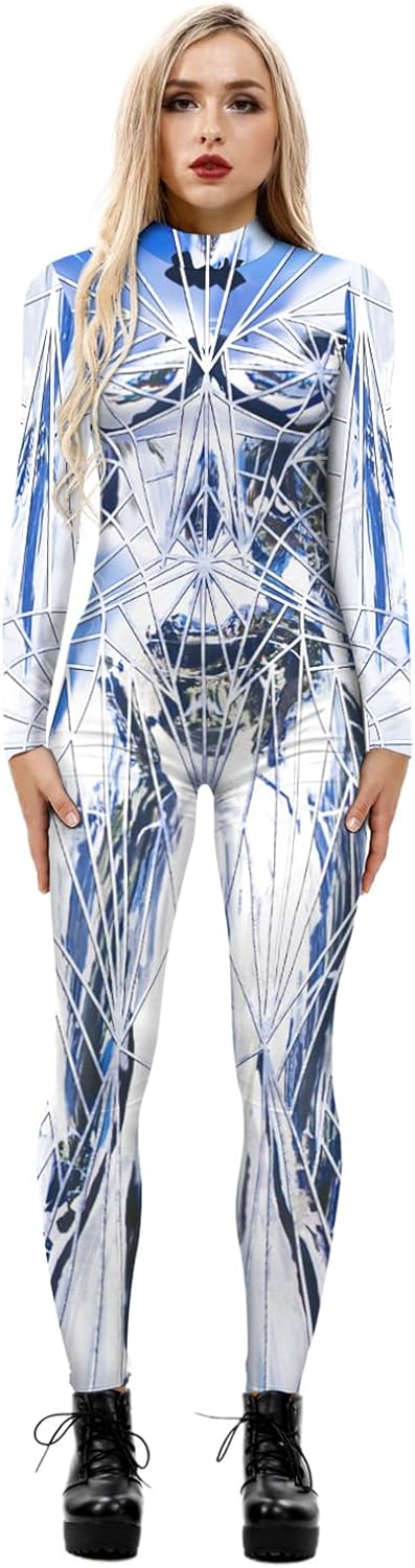 Sumtory Womens Hi-neck Skeleton Print Bodycon Jumpsuits Fullbody Unitard