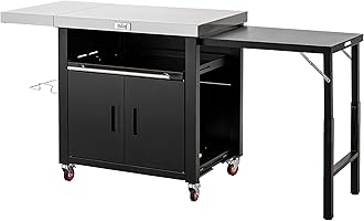 Grill Table,Outdoor Kitchen with Cabinet Outdoor Grill Table with 2 Foldable Side Tables Stainless Steel Top for Outdoor Kitchen Cabinets, Bar Cart, Movable Grill Cart with Pull-Out Plate, L74”x W24”